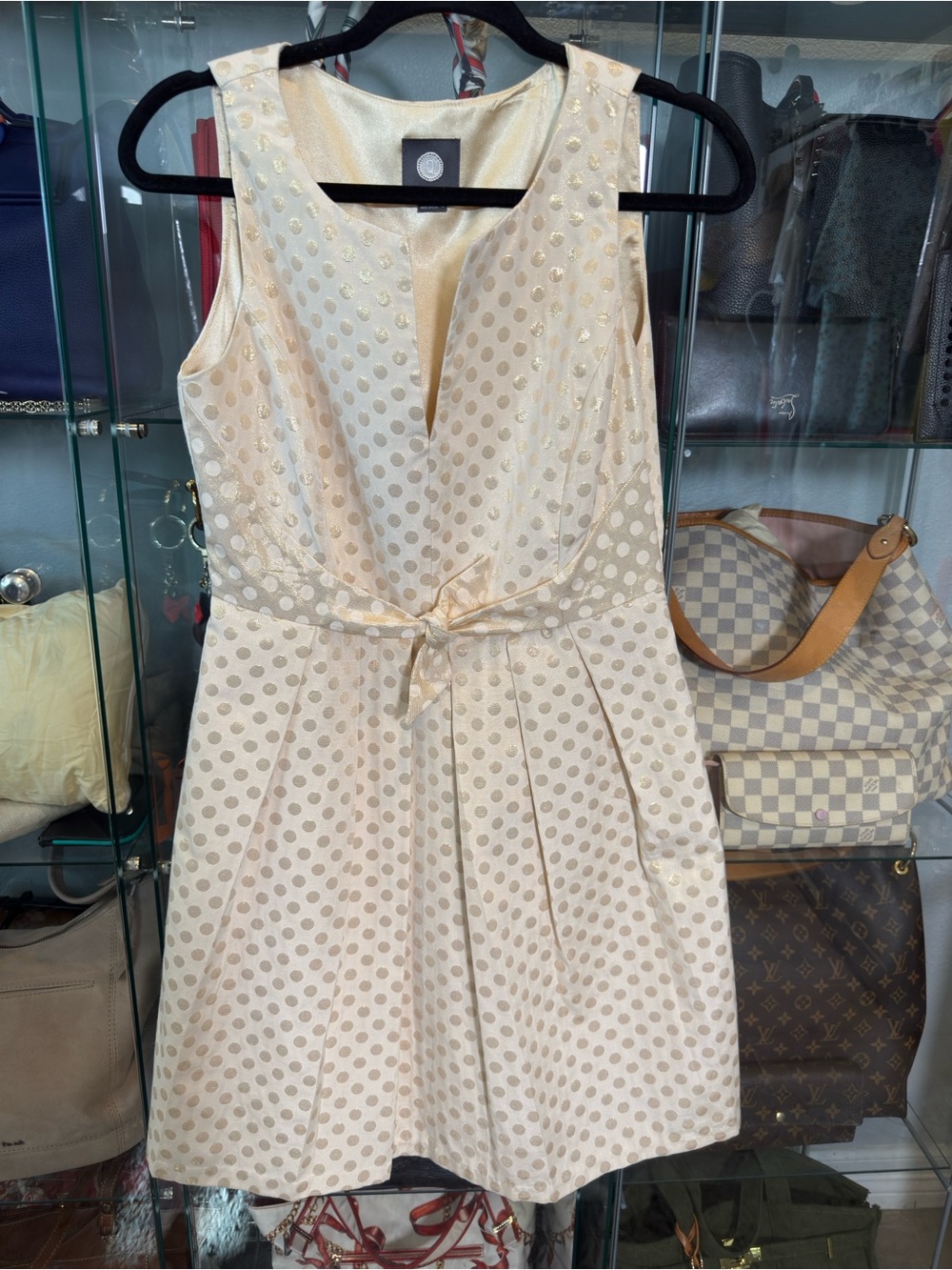 QUILLAREE Sleeveless Cream Gold Polka Dot Tie Waist Mini Dress Womens 6